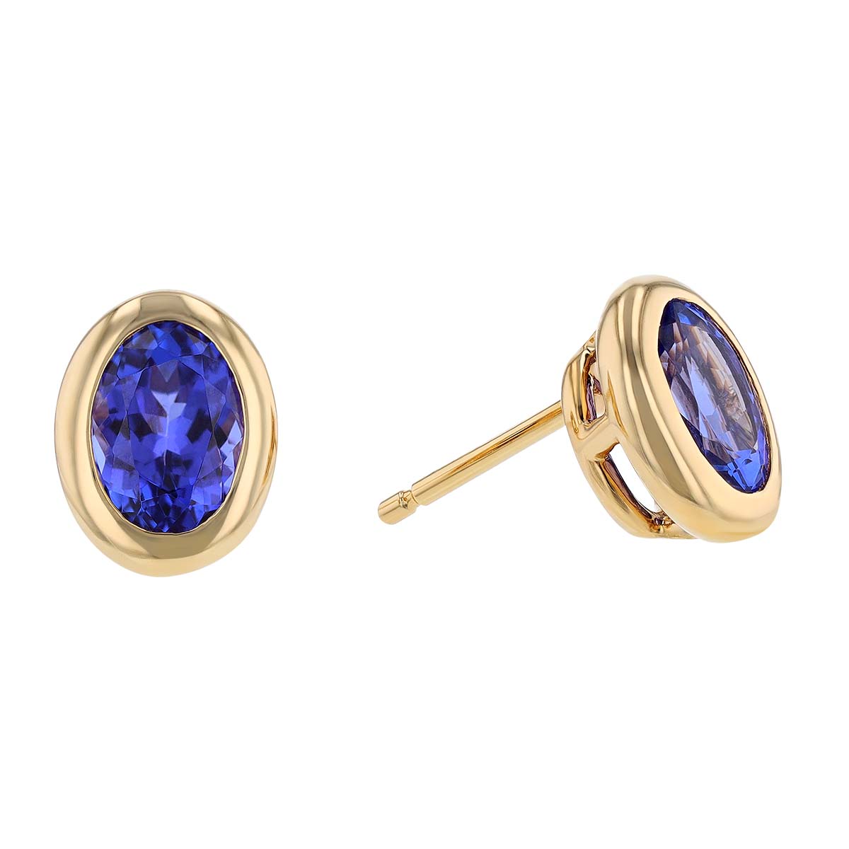 Oval Tanzanite Bezel Set Stud Earrings in Yellow Gold | Borsheims